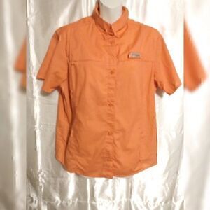 Columbia Button Down Short Sleeve Collar  Zipper Pocket Orange  Shirt L